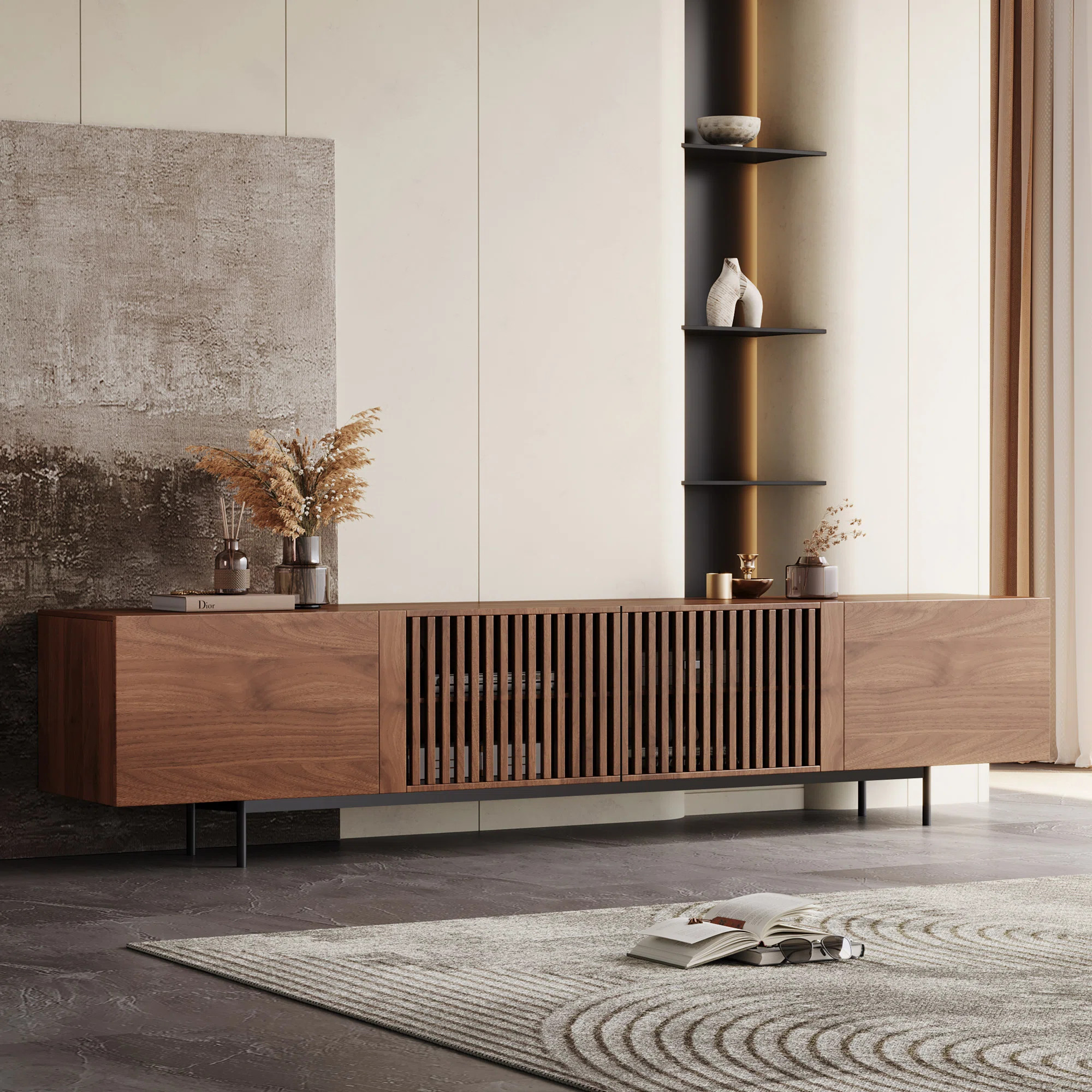 Roanoke 94.48 Inch Extra Long TV Stand for 100 Inch TV Slatted Media Console Entertainment Center... | Wayfair North America