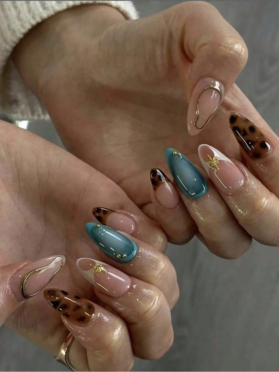 Y2K 24pcs Stylish Almond Press On Nails With Tortoise Shell, Blue Ombre, And Gold Accents - Perfe... | SHEIN