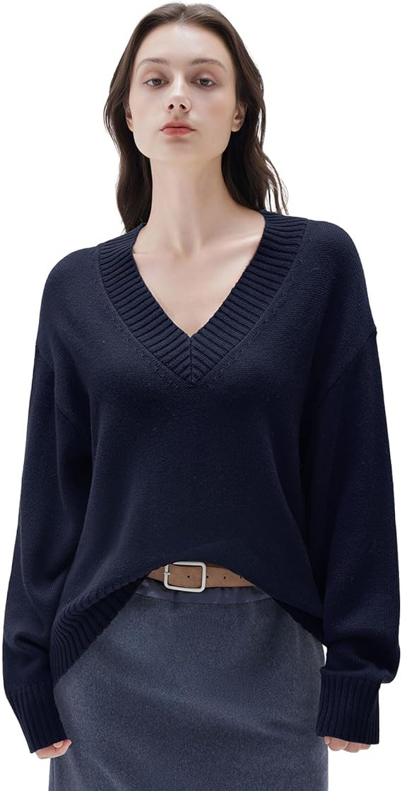 SUUKSESS Women Cashmere Blend Oversized V Neck Long Sleeve Pullover Sweaters | Amazon (US)