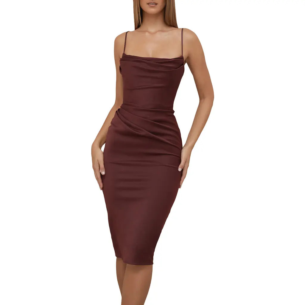 HOUSE OF CB Anja Satin Corset Midi Dress in Raisin at Nordstrom, Size Small | Nordstrom