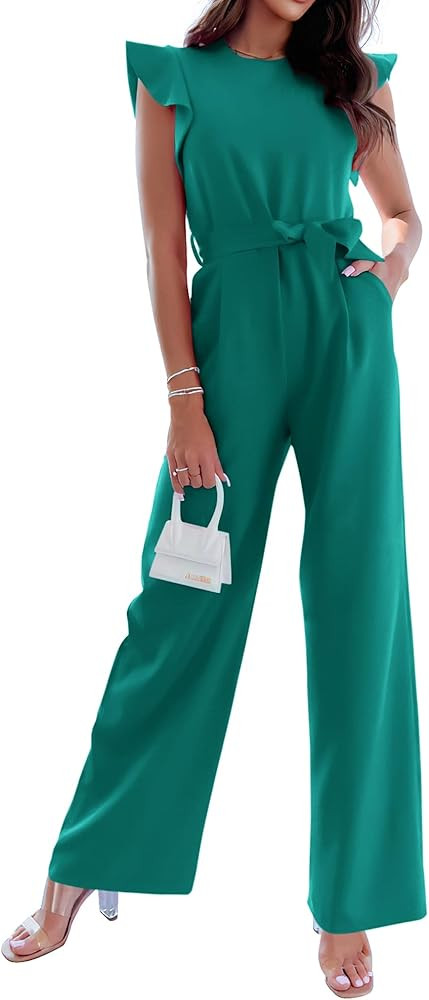 BTFBM Women Jumpsuits Crew Neck Ruffle Cap Sleeve Belted High Waist Wide Leg Romper with Pockets ... | Amazon (US)