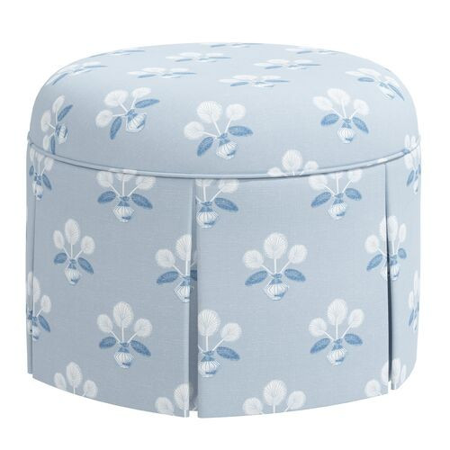Liza Skirted Ottoman - Block Vase Floral - Blue | Footstool, Footrest, Low Seat - Ideal Storage, Decor, Furniture | One Kings Lane