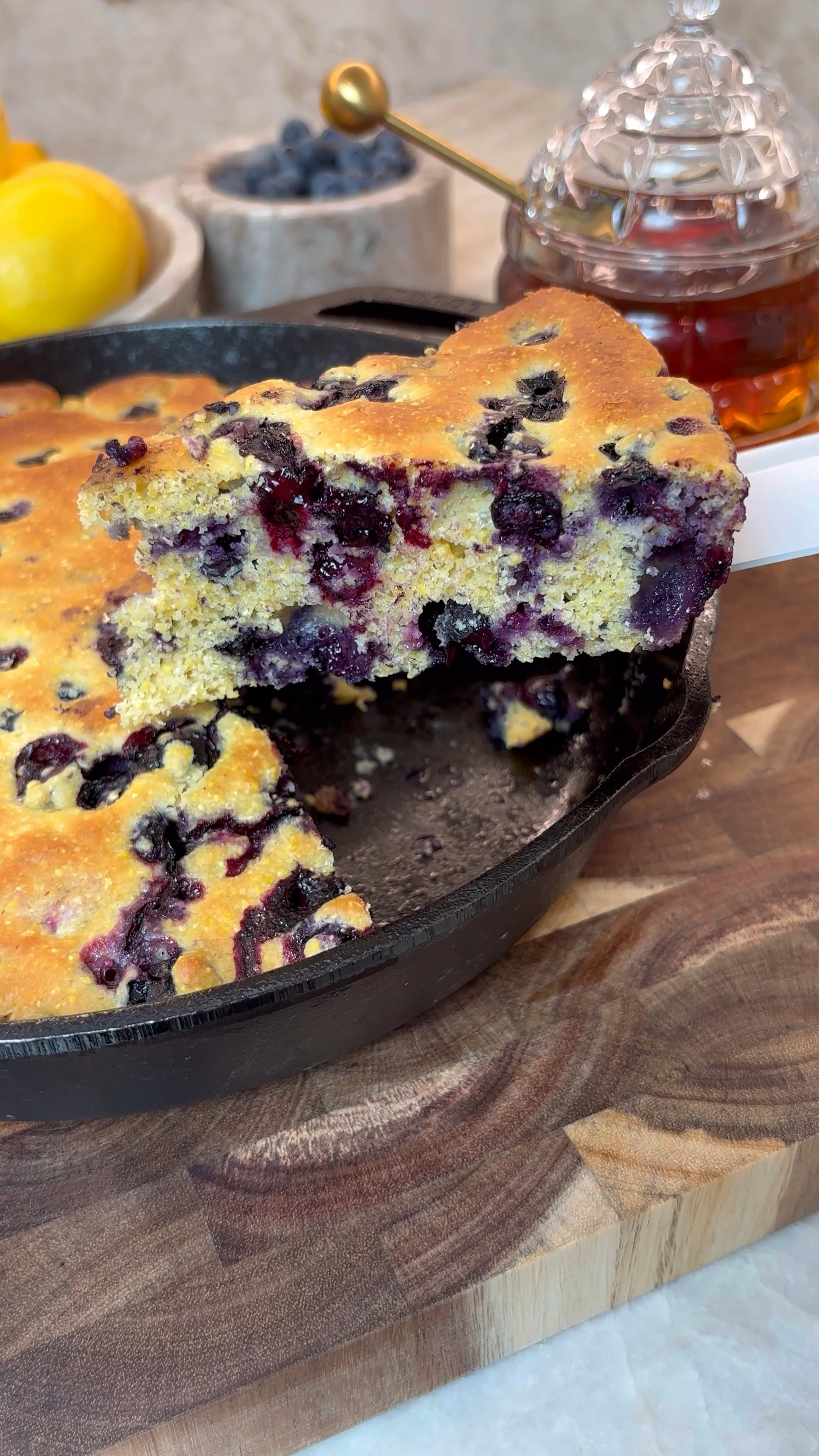 Blueberry Cornbread 

Recipe ⬇️

Ingredients 

1 cup cornmeal
1 cup all-purpose flour
1/3 cup brown sugar
3 teaspoon baking powder
1 teaspoon salt
2 large eggs
2/3 cup buttermilk
2 cup blueberries
3 tablespoon of oil for pan

Instructions

•Preheat oven to 450 degrees F
•Spread 3 tablespoon of oil in a round cast iron skillet.
•Mix cornmeal, flour, sugar, baking powder and salt.
•Beat eggs and buttermilk.
•Add egg mixture to flour mixture and mix until just combined.
•Fold in blueberries until just combined. Try not to over mix.
•Bake at 450 for 10 minutes and then reduce heat to 375 and bake for 10 more minutes or until brown.

#cornbread #blueberrycornbread #easyrecipe #soulfood #foodie #momsoftiktok #comfortfood #howto #southerngirl #brunchideas #foryou #fyp #easyrecipes 

#LTKVideo #LTKHome #LTKFindsUnder50