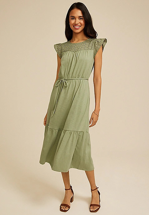 Flutter Sleeve Eyelet Tiered Midi Dress | Maurices