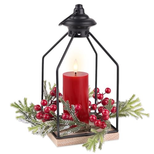 Rhytsing Christmas Table Centerpieces, H10 Inches Decorative Lantern with Real Wax Red LED Flameless Candle and Christmas Cedar Candle Ring, Battery Powered Metal Hanging Lanterns with Timer | Amazon (US)