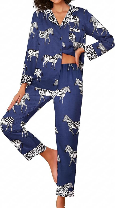 Ekouaer Silk Pajamas Striped Animal Print Satin Pj Sets Button Down Long Sleeve Silky Pjs Sleepwe... | Amazon (US)