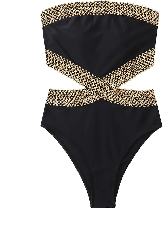 Milumia Women's Stitch Detail Strapless One Piece Swimsuit Cut Out Bandeau Bathing Suit | Amazon (US)