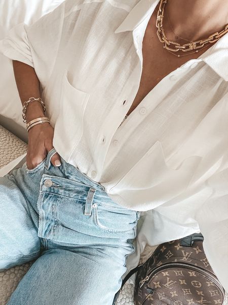 Oversized linen shirt, crisscross jeans, chunky necklace. Spring inspiration. Cella Jane  

#LTKSeasonal #LTKstyletip