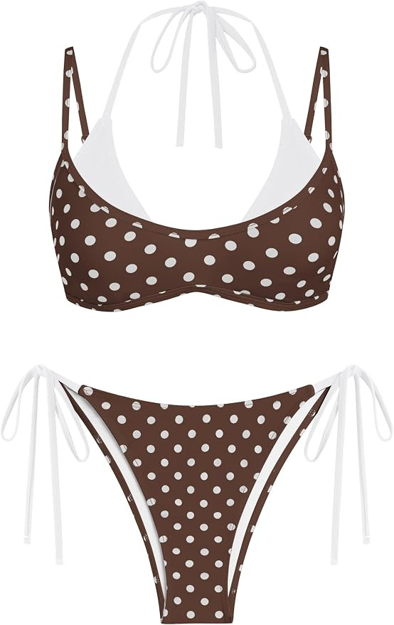 ZAFUL Women's Polka Dot Bikini Set Double Layer Halter Swimsuit Colorblock Side Tie 2 Piece Bathi... | Amazon (US)