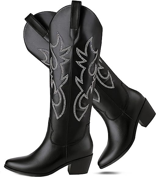 STALOV Embroidered Cowboy Boots for Women, Fashion Western Pointed Toe Chunky Heel Pull-On Knee H... | Amazon (US)