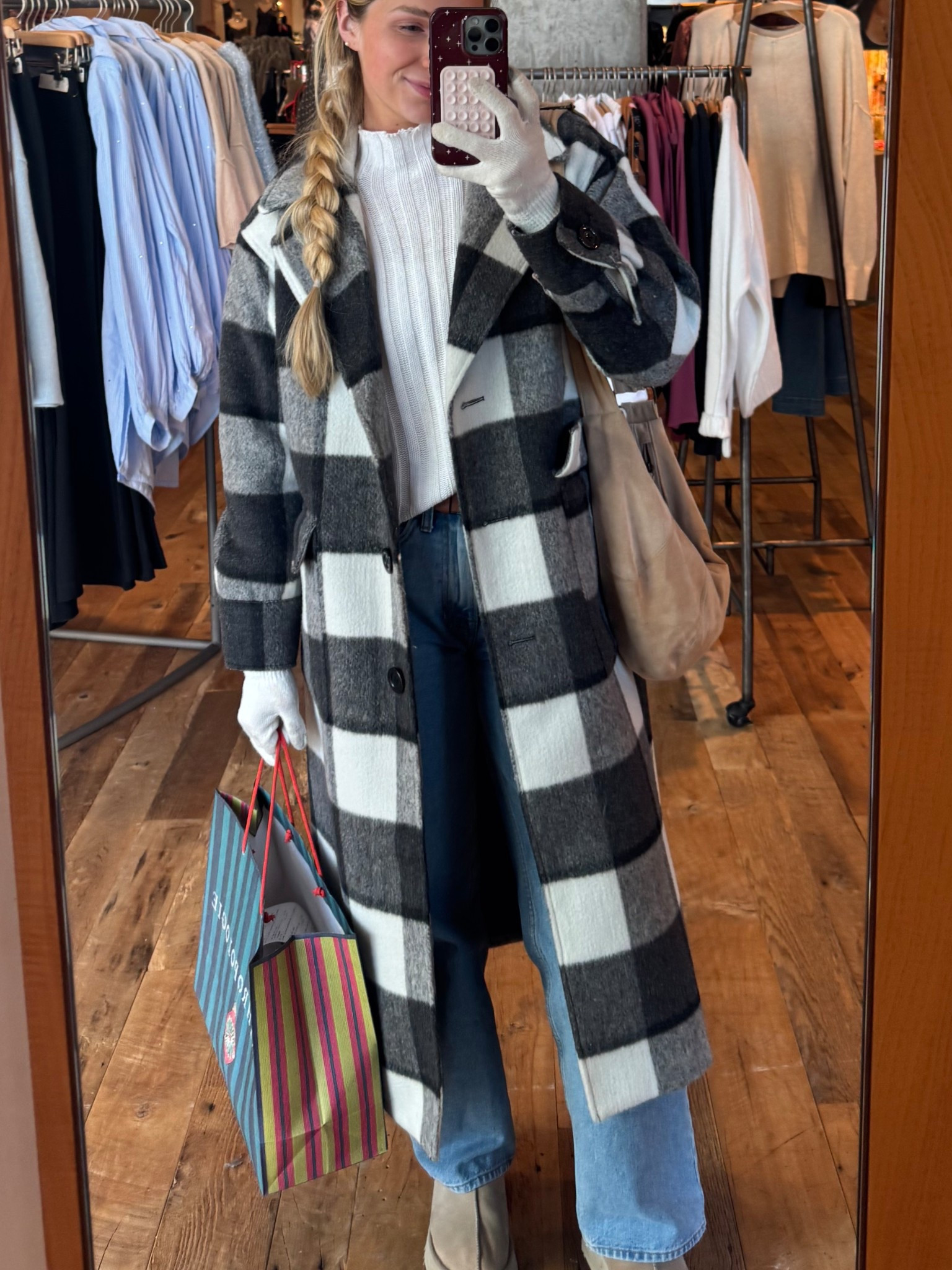 Coat is the ‘reformation’ plaid print oversized belted trench coat, linked is similar  :)