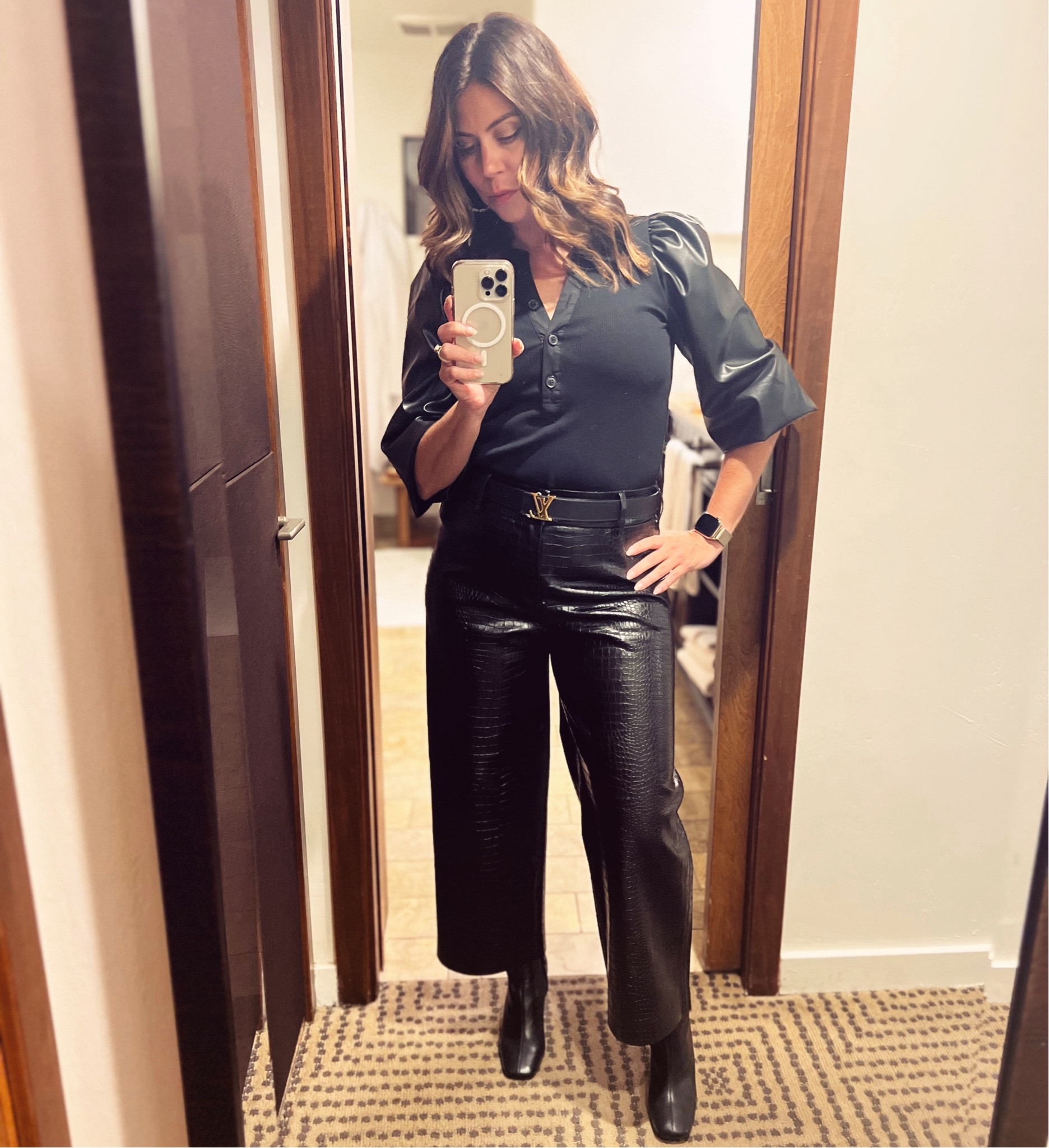 🖤 Embracing my love for leather and all things black 🖤 
Today's #OOTD is inspired by Chico's style! My fav detail is the faux croc textured wide leg. Yes this is Chicos!


#LTKworkwear #LTKover40 #LTKbeauty