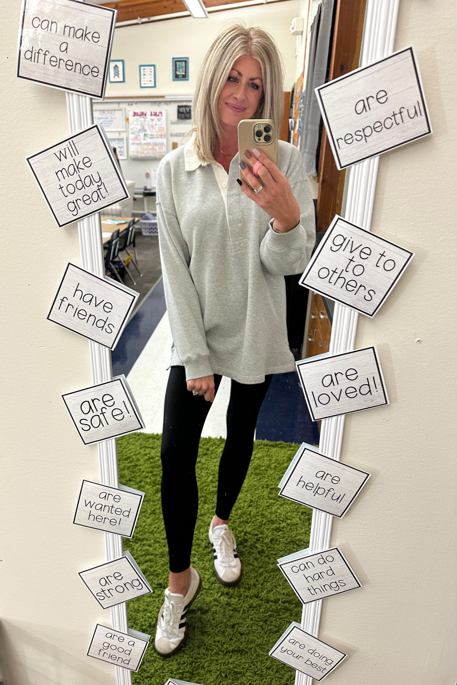 Fall ootd, sambas, teacher outfit, leggings and sweatshirt, teacher ootd, American eagle sale (wearing size medium in sweatshirt)