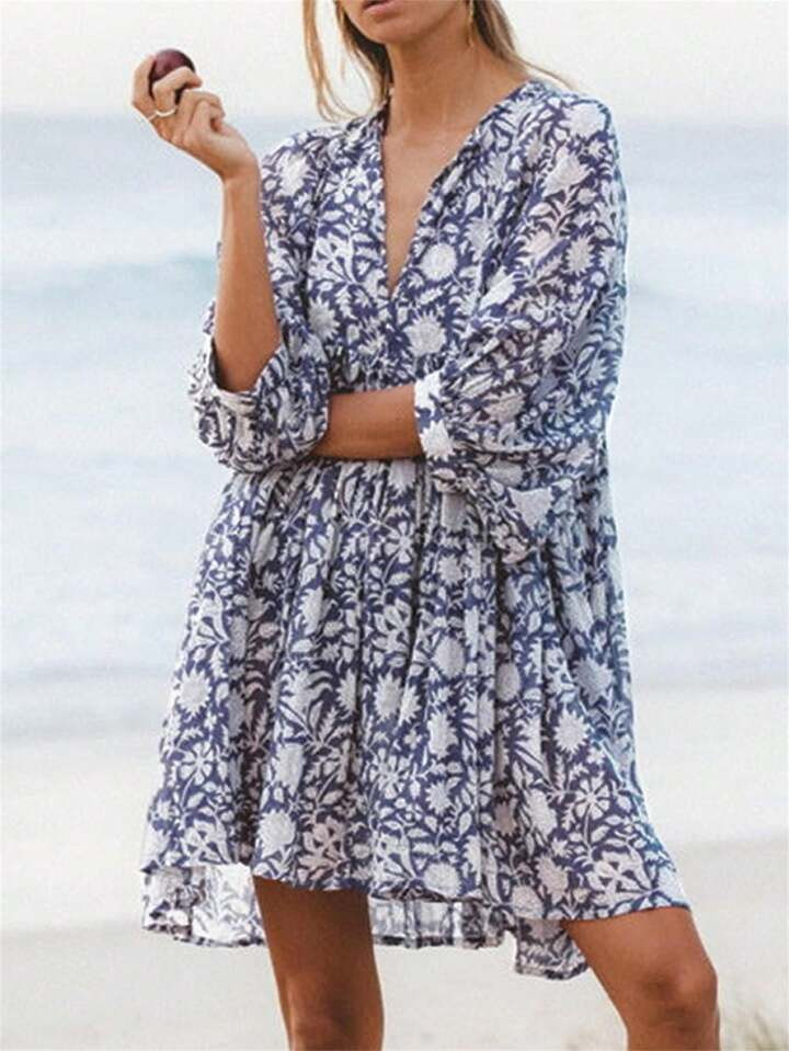 Allover Print Lantern Sleeve Smock Dress | SHEIN