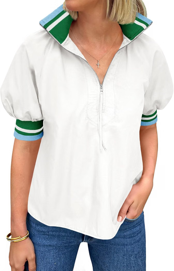 Tankaneo Womens Puff Sleeve Tops Blouse Color Block Half Zip V Neck Pullover Trendy Summer Casual... | Amazon (US)