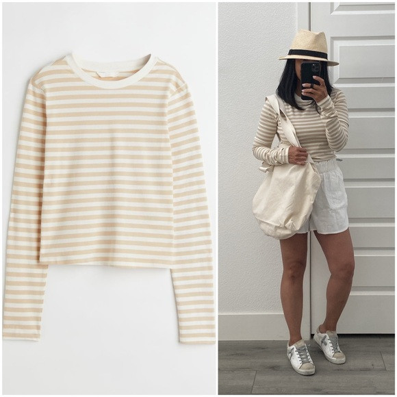 Long-sleeved Cotton Top in Striped Light Beige | Poshmark