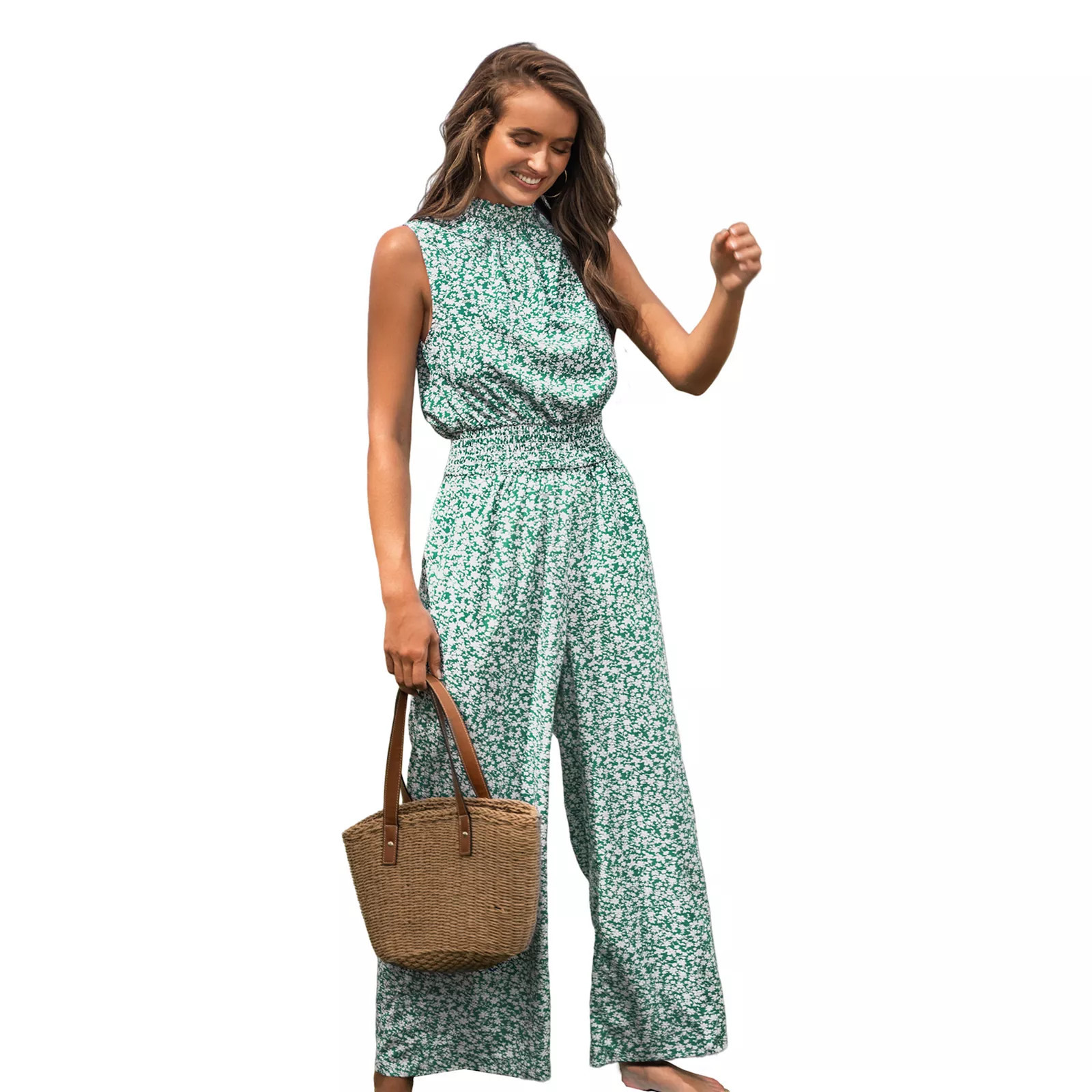 Women's Cupshe Ditsy Floral Sleeveless Smocked Cover-Up Jumpsuit, Size: Medium, Green | Kohl's