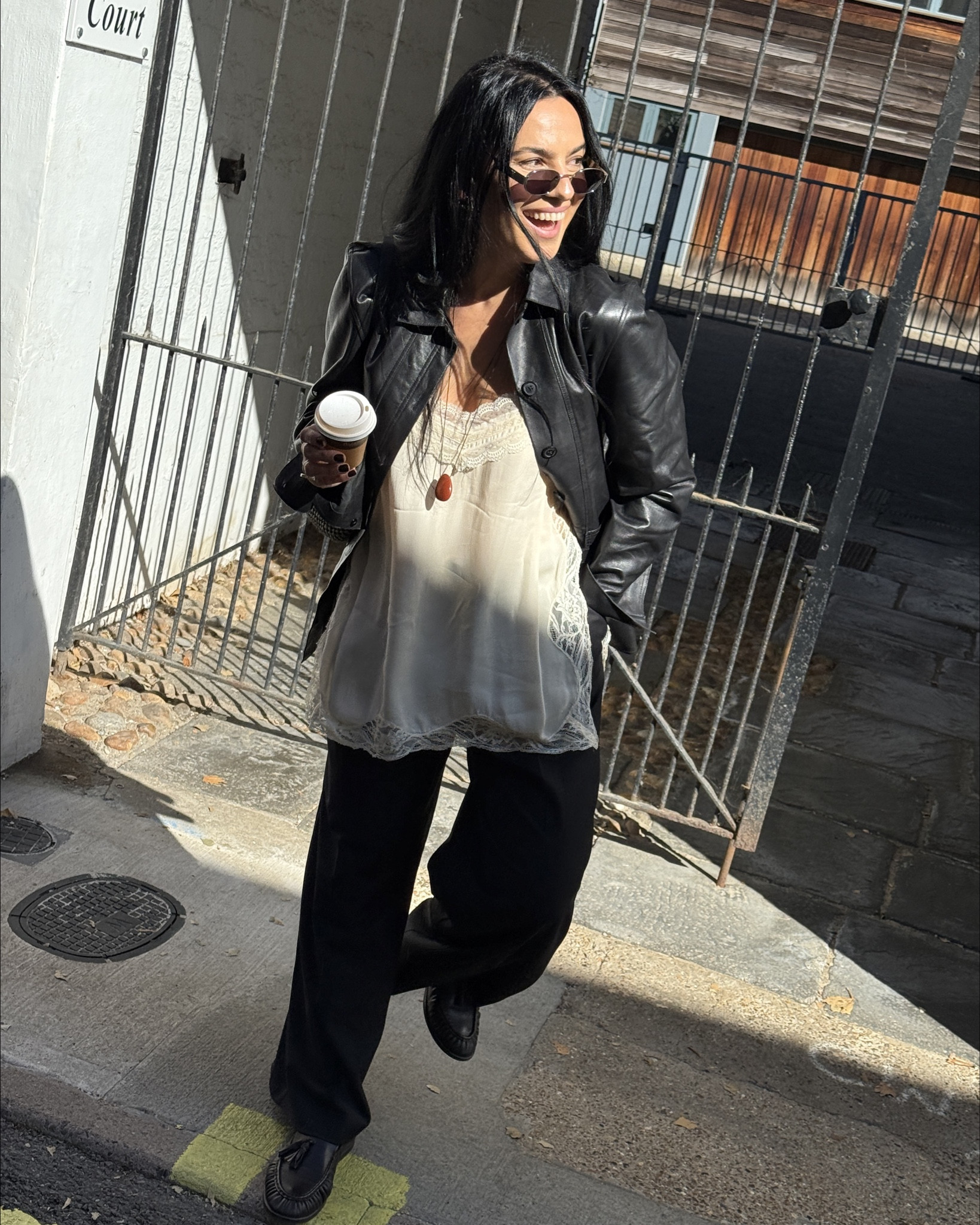 Black trousers outfit with lace top and leather jacket 

Zara outfit 
Sézane jacket 

#LTKFashionMonth #LTKuk #LTKautumn