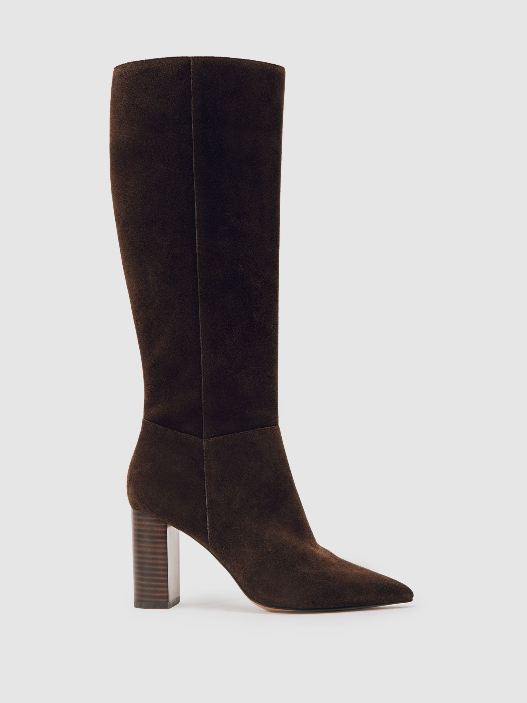 Block-Heel Knee-High Boots in Chocolate | Reiss US