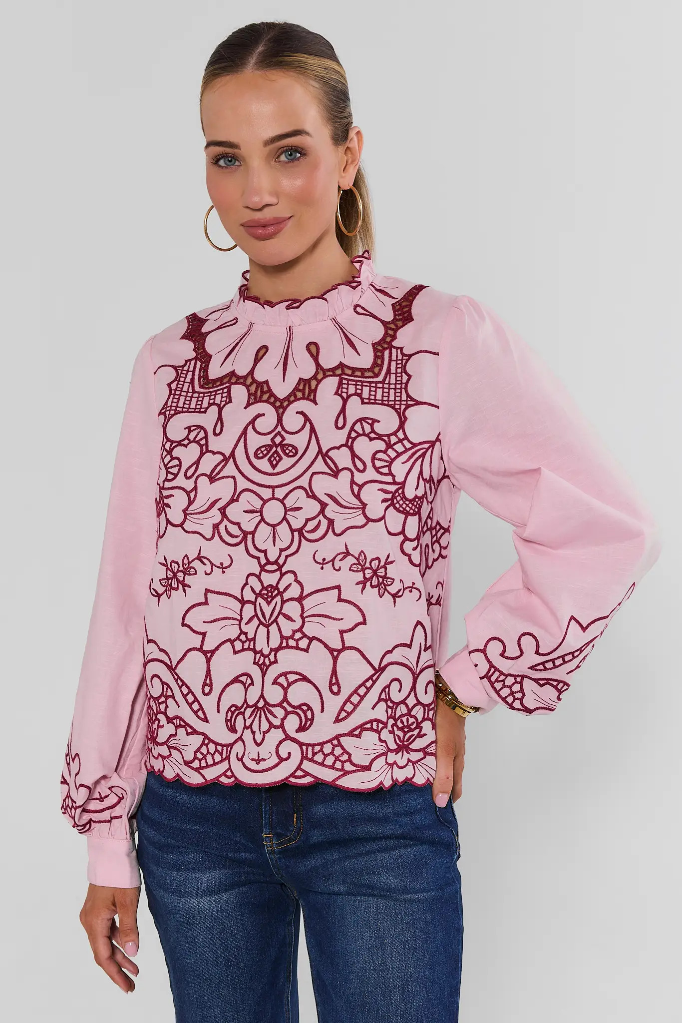 Anya Pink Eyelet Long Sleeve Top | Avara