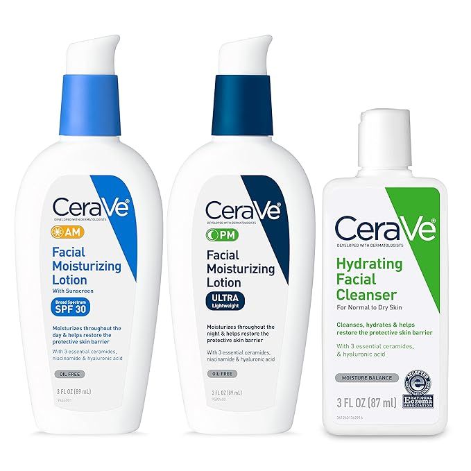 CeraVe AM Face Moisturizer with SPF, PM Face Moisturizer & Hydrating Face Wash Skin Care Set| Tra... | Amazon (US)