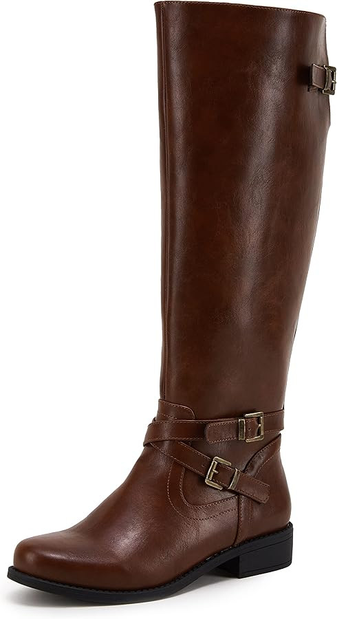 Ermonn Womens Knee High Boots Wide Calf Flat Low Heel Side Zipper Faux Leather Fashion Winter Rid... | Amazon (US)