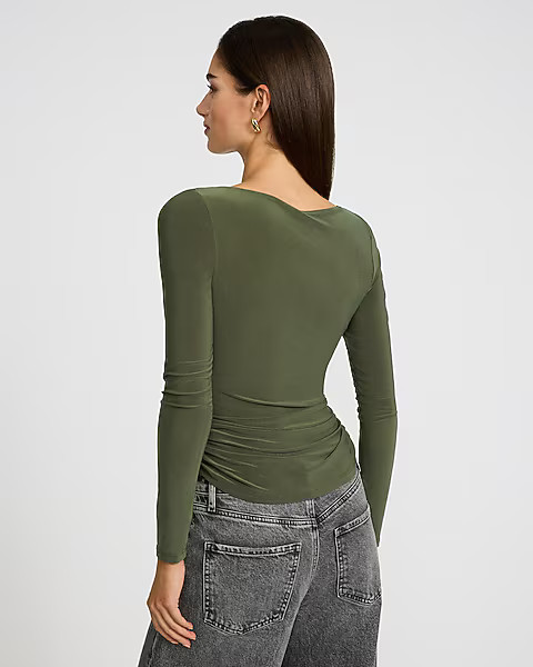 Boat Neck Long Sleeve Ruched Tee | Express