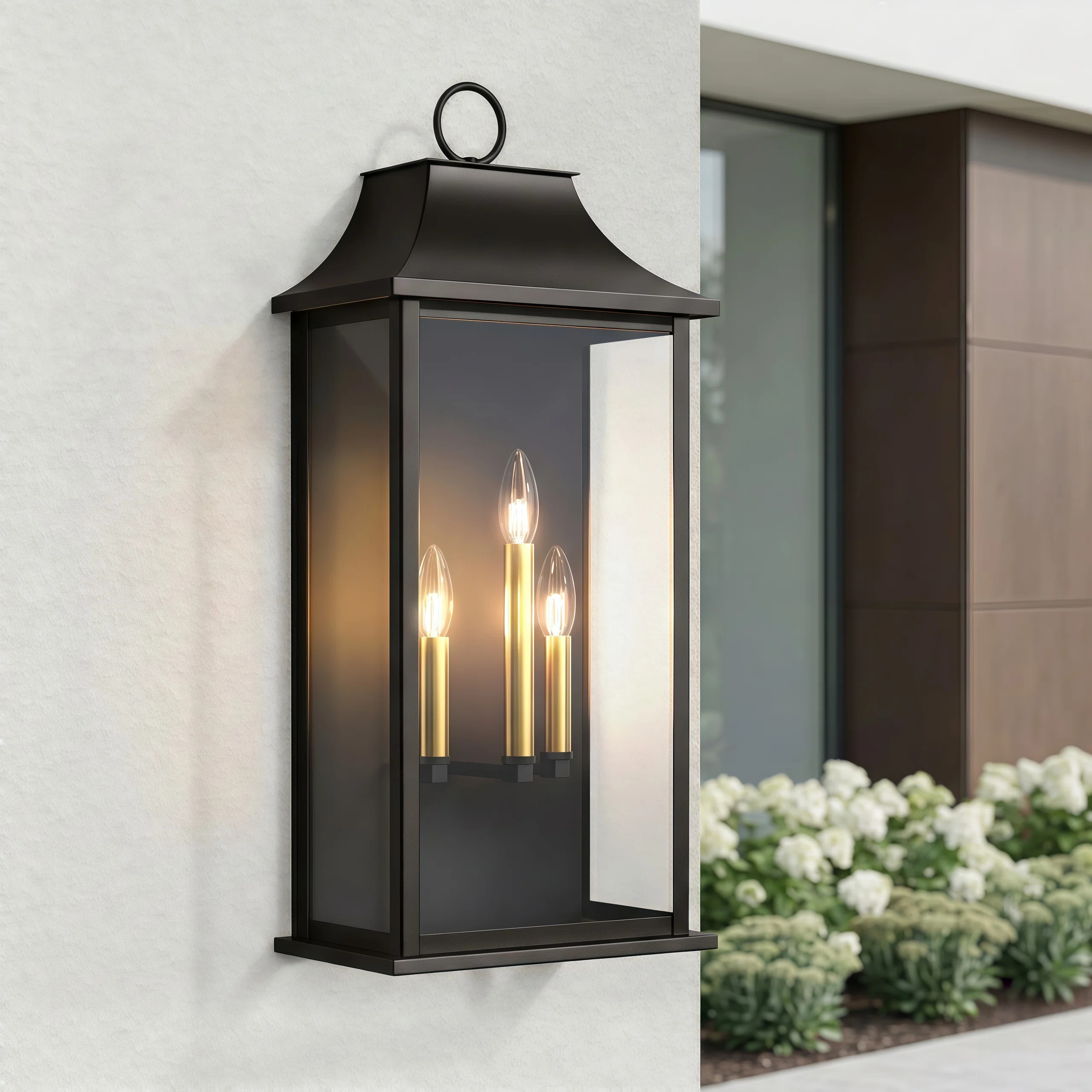 3 - Light 25''H Black and Gold Iron ETL Outdoor Wall Light with Dusk to Dawn and Tempered Glass | Wayfair North America
