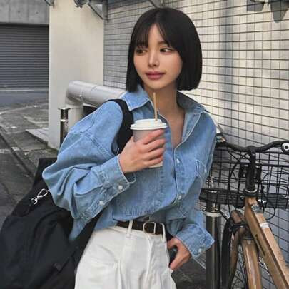 Women's Loose Fit Denim Shirt With Dropped Shoulders, For Spring And Fall | SHEIN