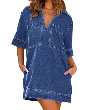 CHARTOU Women Loose Denim Dress Short Sleeve Casual Summer Dress Turn Down Pullover Vintage Tunic... | Amazon (US)