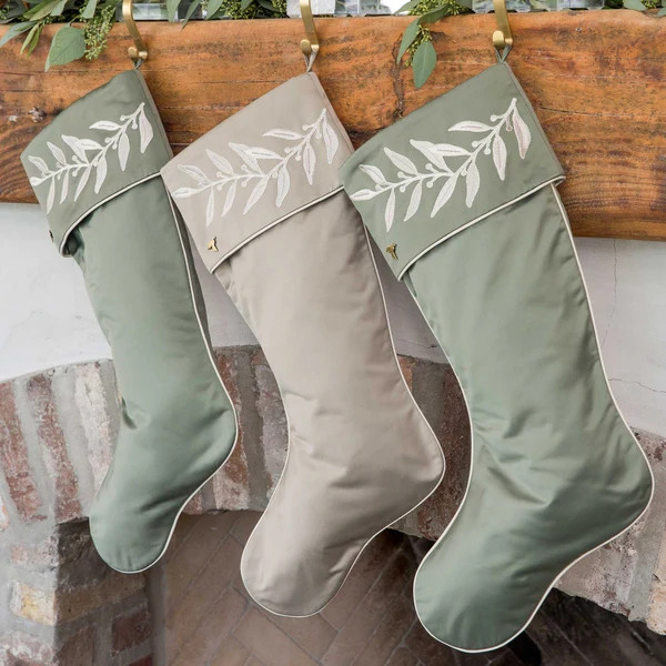 Pewter Christmas Stocking with Laurel Embroidered Cuff | Fig and Dove
