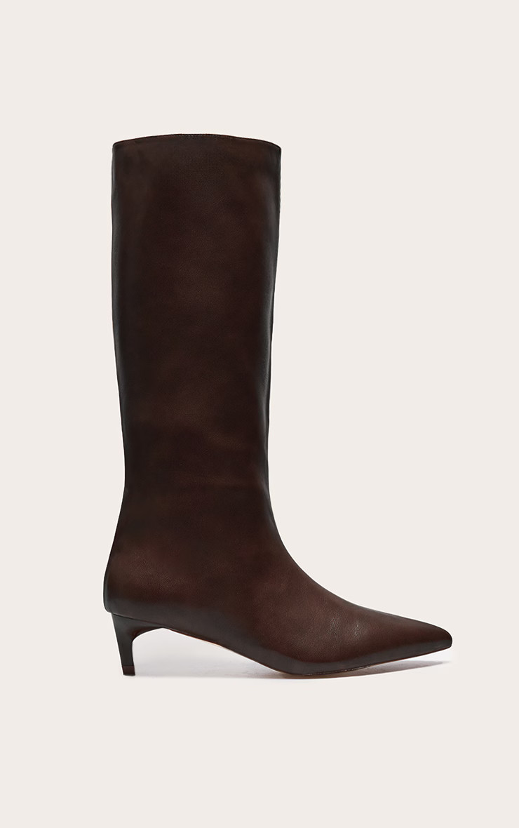 Chocolate Pu Point Toe Low Stiletto Knee High Heeled Boots | PrettyLittleThing UK
