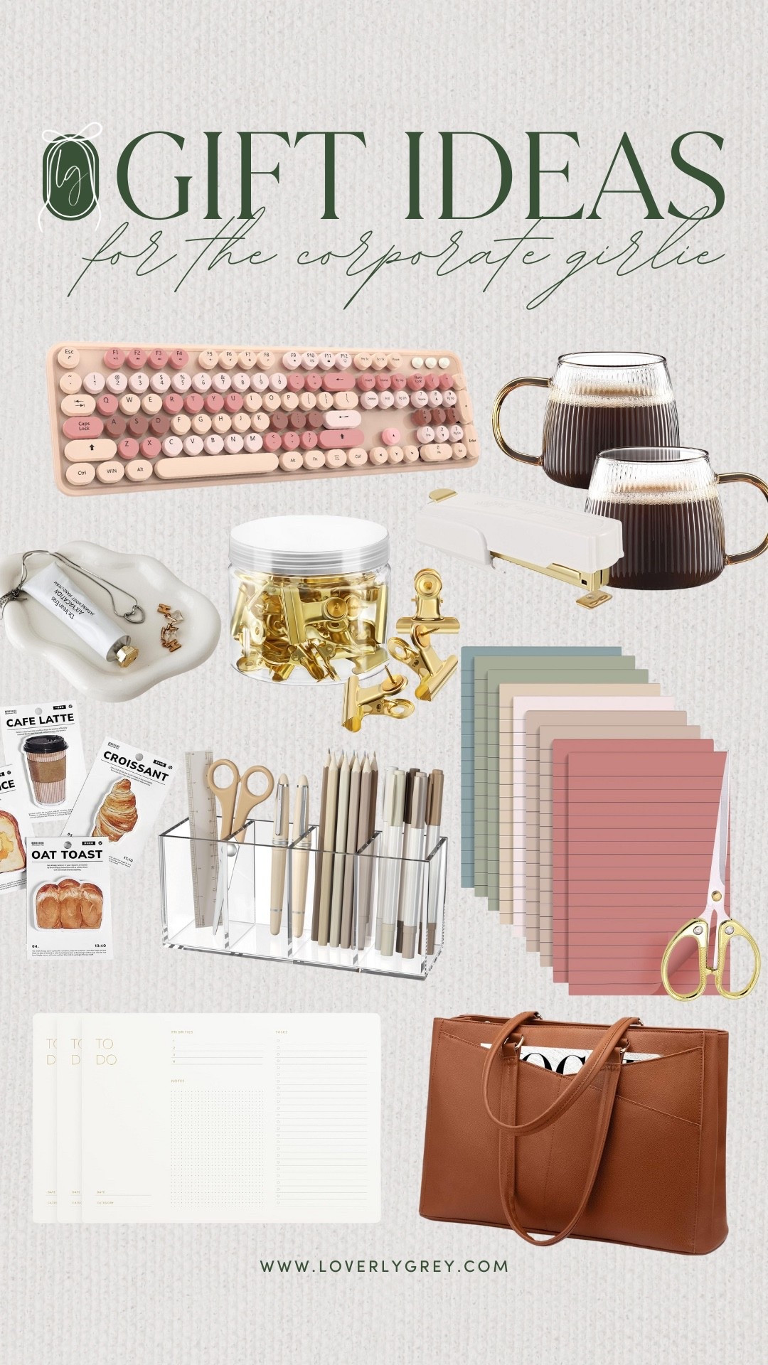 Gift ideas for the corporate girlies! A fun desk refresh especially after the new year is much needed! Gift the girls a new colorful keyboard, notepads, or daily planner. Also loving the glass coffee cups, work tote, and gold scissors! 

#LTKHoliday #LTKFindsUnder100 #LTKGiftGuide