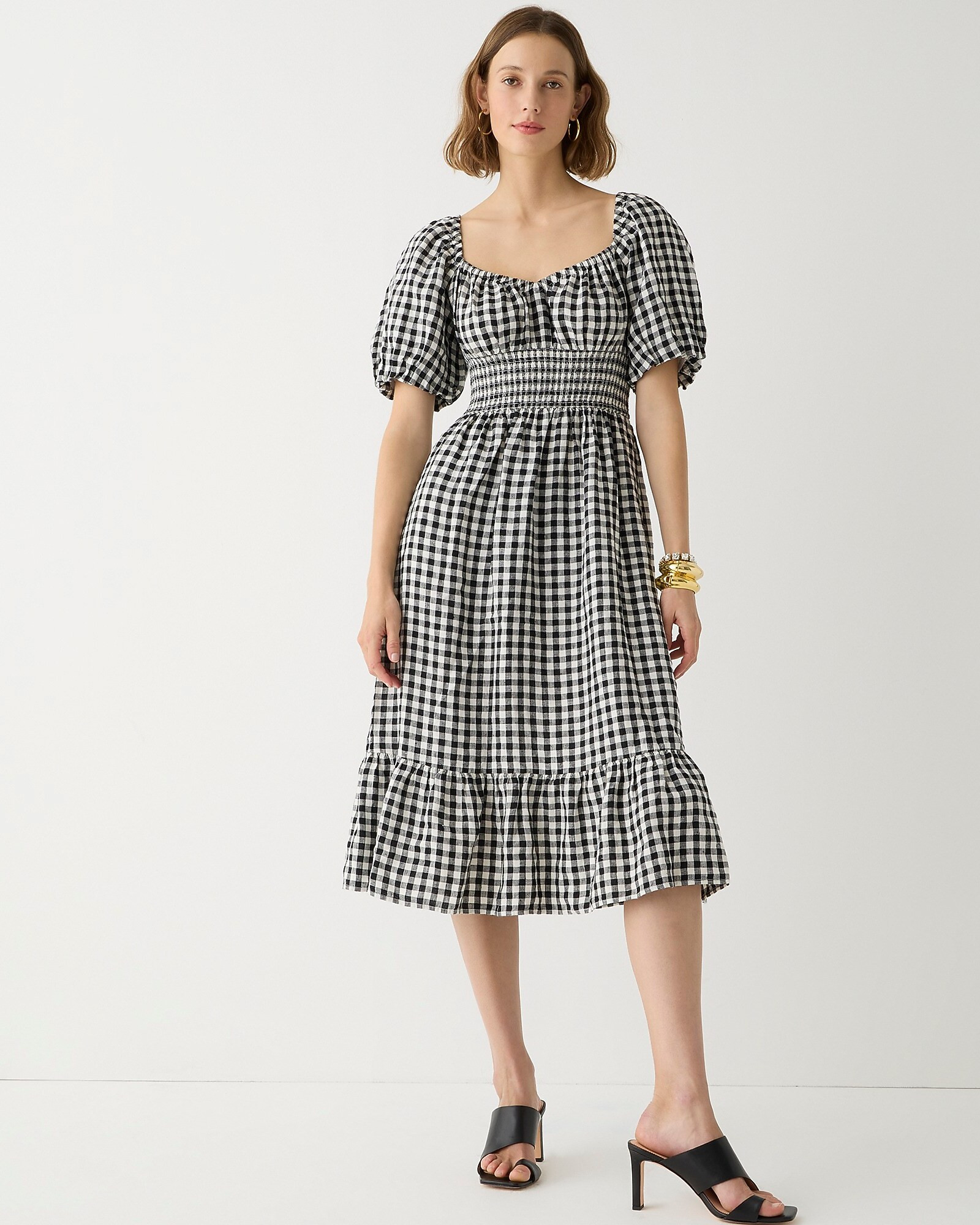 Smocked-waist puff-sleeve midi dress in gingham linen | J. Crew US