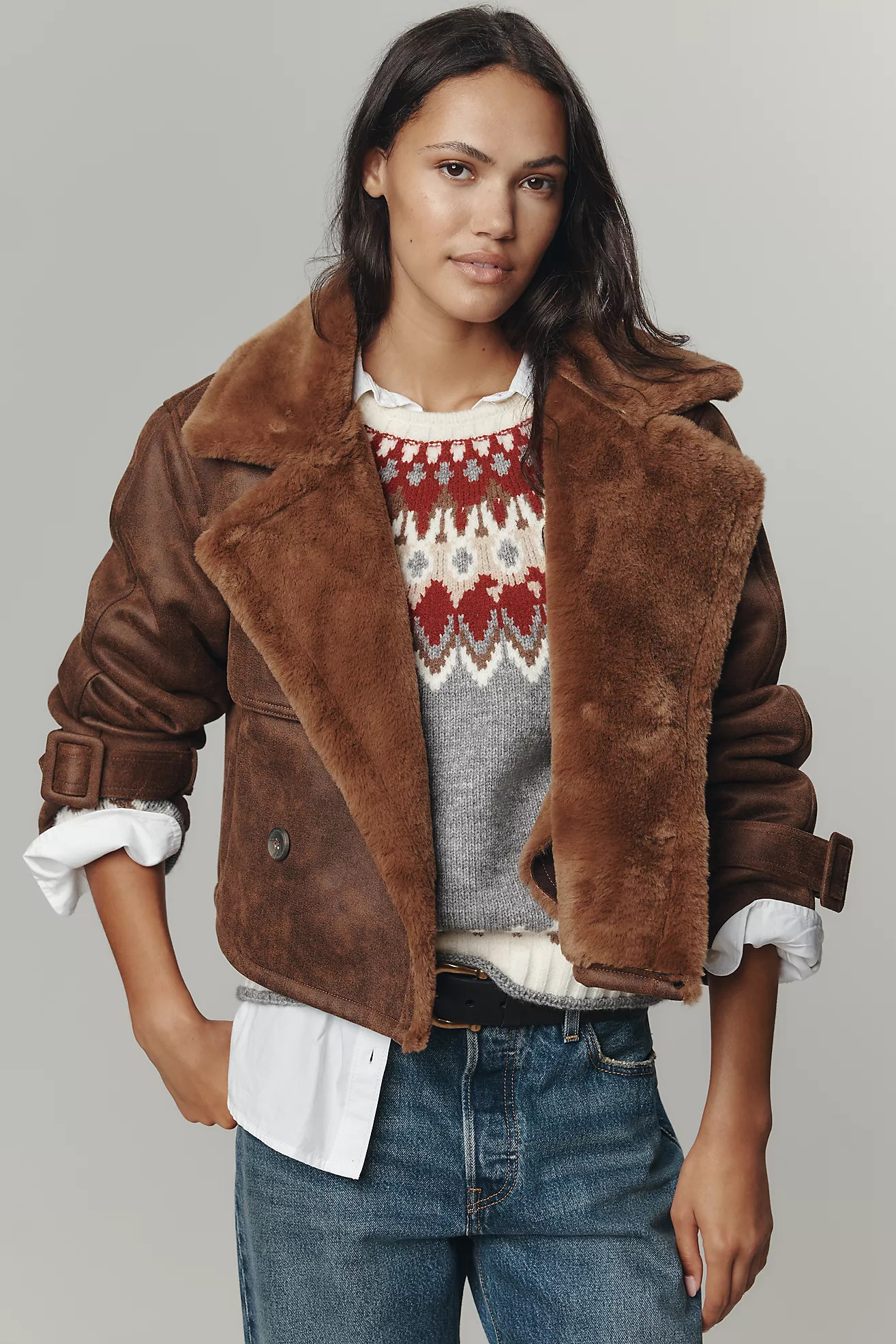 Bernardo Distressed Faux-Shearling Crop Trench Coat | Anthropologie (US)