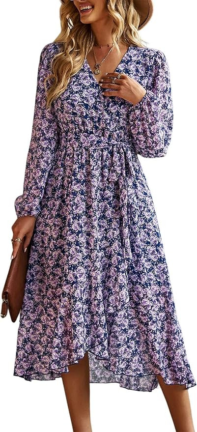 PRETTYGARDEN Women's Floral Boho Dress Fall Long Sleeve Wrap V Neck Ruffle Flowy Maxi Spring Wedd... | Amazon (US)