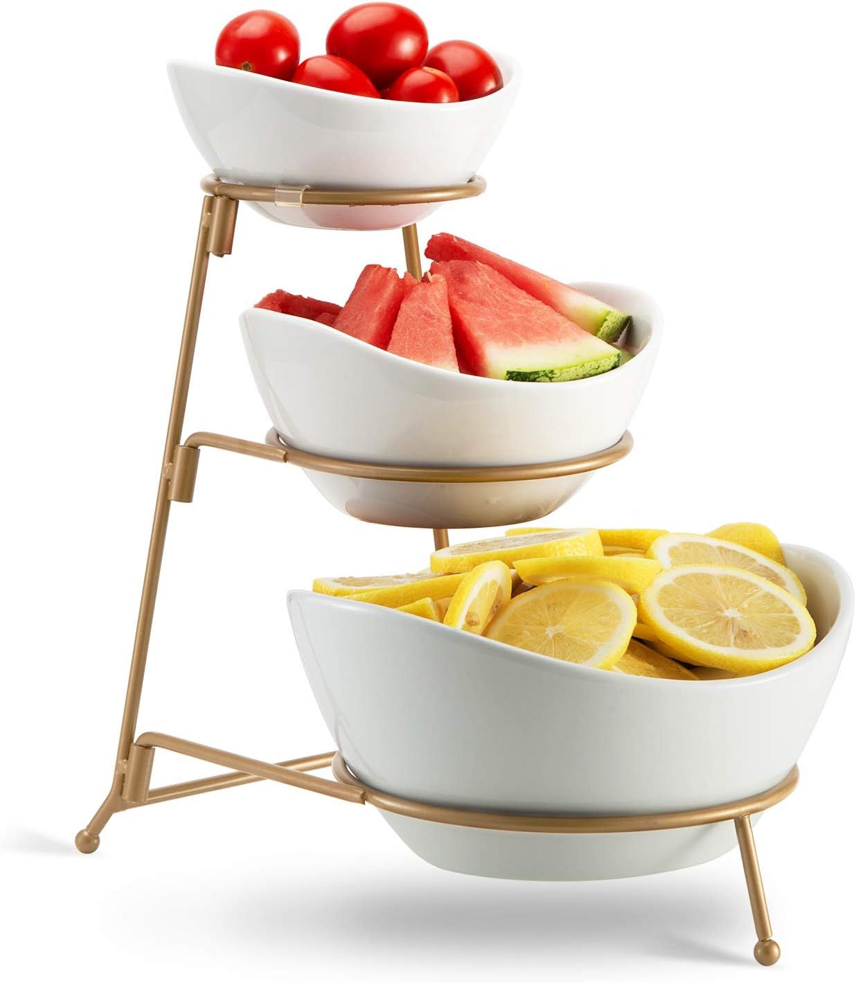 3 Tier Oval Bowl Set with Metal Rack,HabiLife Three Ceramic Fruit Bowl Serving - Tiered Serving S... | Amazon (US)