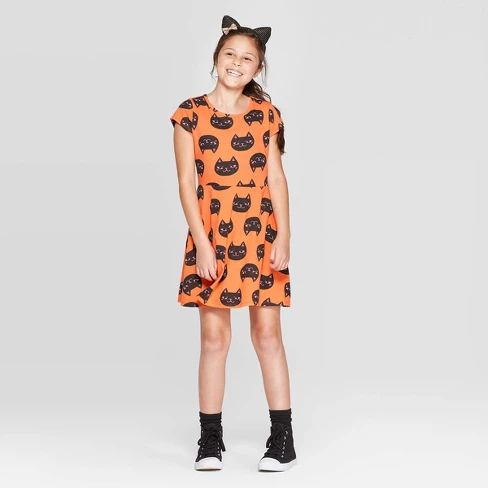 Girls' Cat Print Halloween Dress - Cat & Jack™ Orange | Target