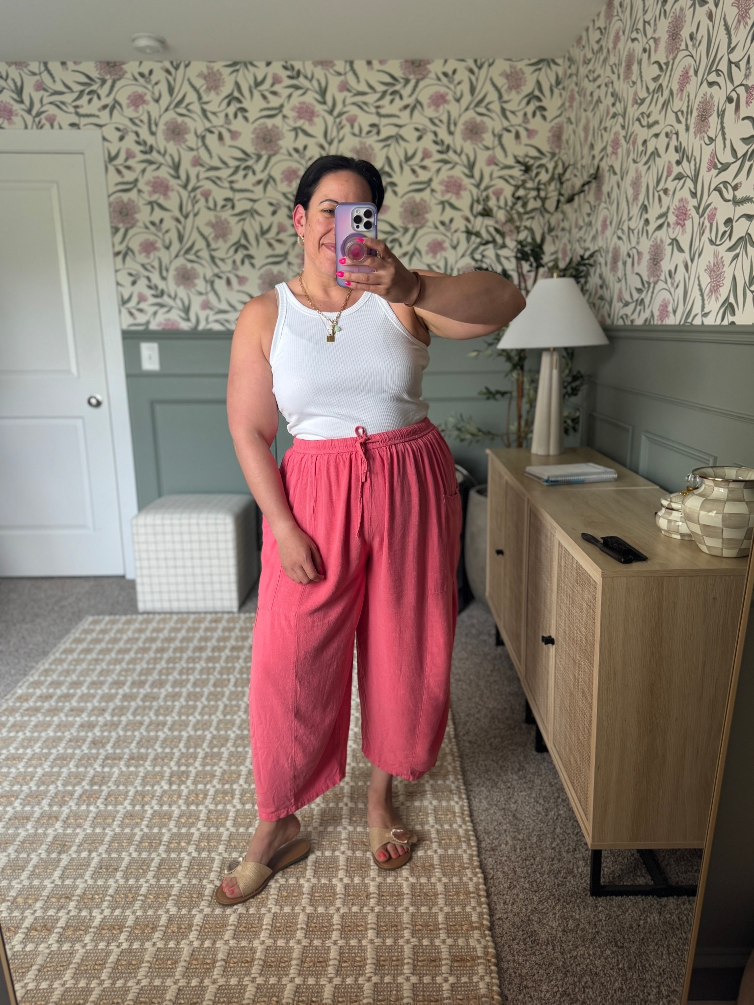 Midsize casual OOTD for the midsize girls! These pants are so comfy and great for an easy outfit! Wearing size XL in bottoms and large in white ribbed tank! 

#LTKMidsize #LTKFindsUnder100 #LTKFindsUnder50