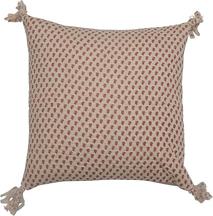 Creative Co-Op Square Block Print Chambray Back & Frayed Tassels Pillow, Cream & Rust | Amazon (US)