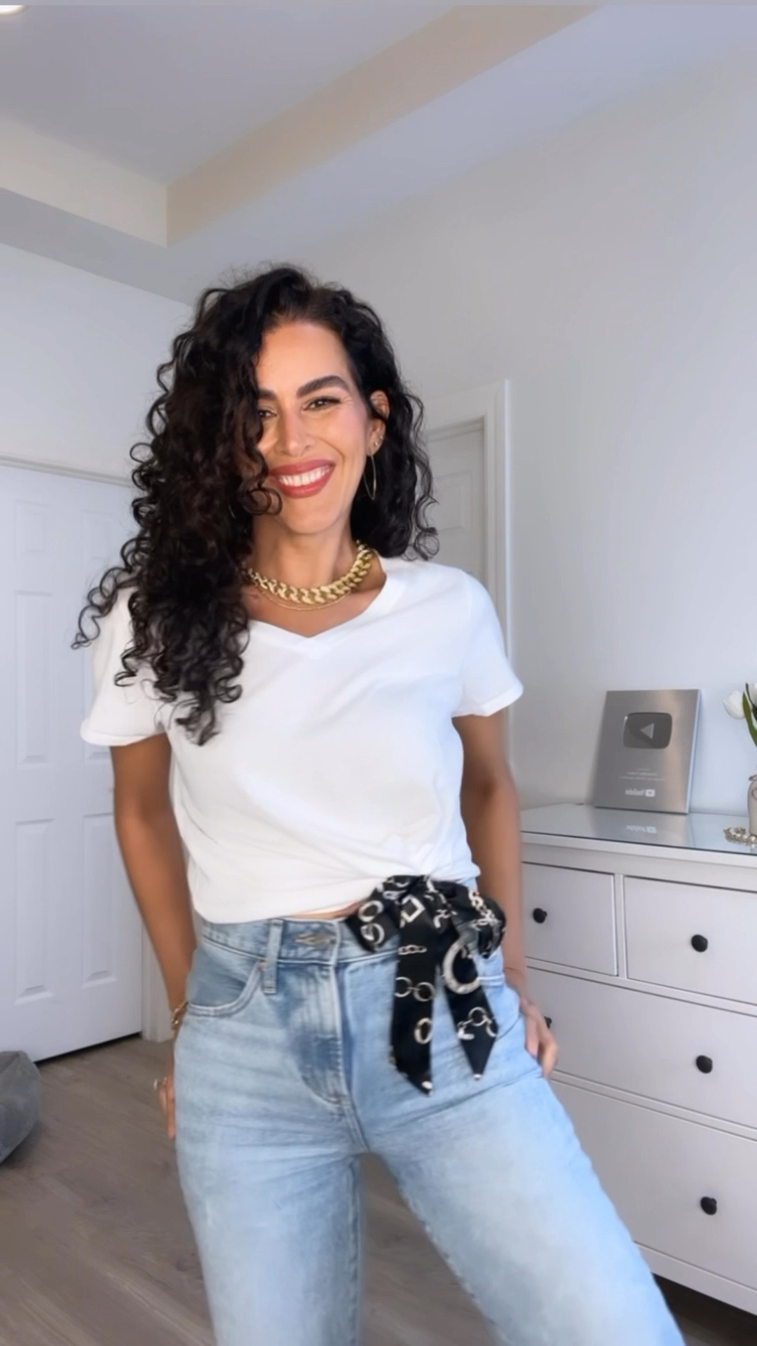 Size M in the V neck Tshirts and size S in the last two Tshirts. Adding scarf and clips. Jeans size 2

#LTKSaleAlert #LTKSeasonal #LTKVideo