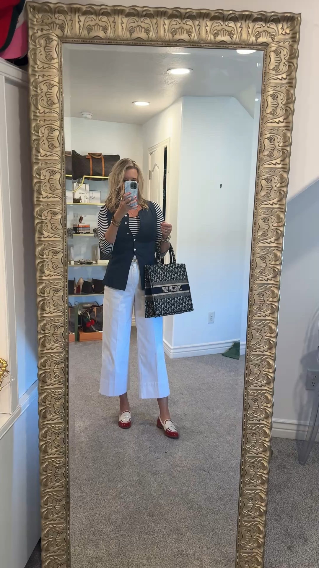 Outfit inspo

Summer to Fall 
Styling white pants and Navy for Fall

Spanx white twill crop trousers Jean  with side zip pockets 
Save 10% off with code Deardarcyxspanx 

Navy and white strip 3/4 sleeves 
Chicos 

Amazon find linen navy  long vest under $20 size up 

Cecelia New York patent leather loafers with piping  comes in a couple colors 

Christian Dior tote 

Chloe belt (not linkable) 

#LTKFindsUnder50 #LTKStyleTip #LTKOver40