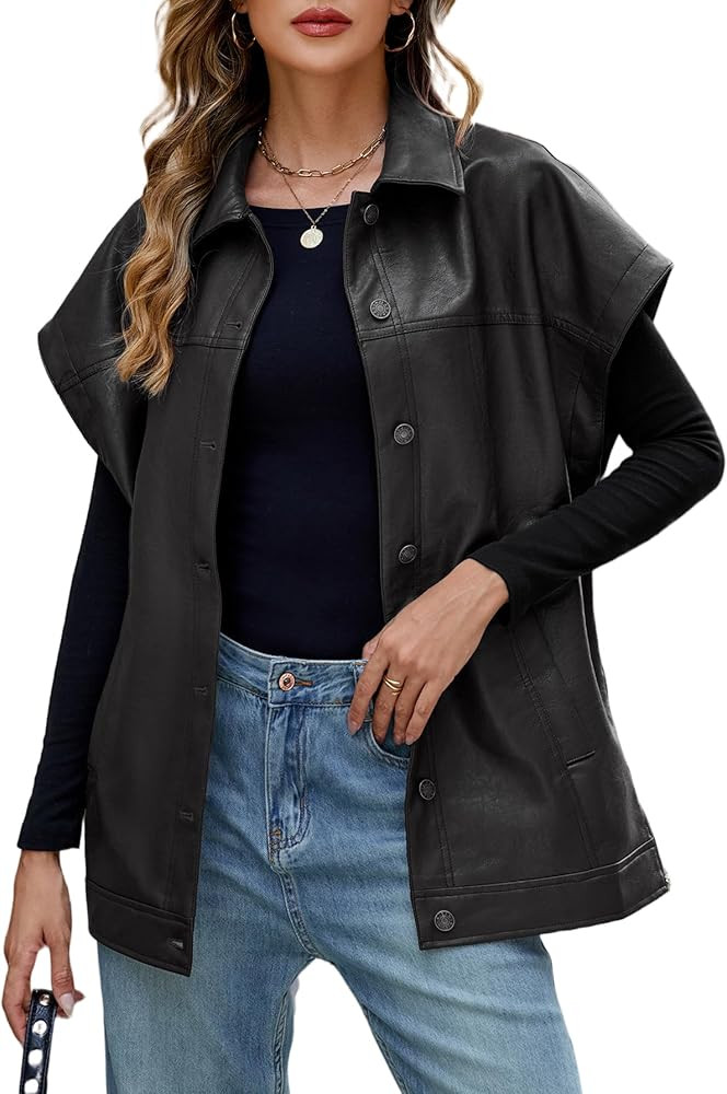 Ladyful Womens Oversized Leather Vest Sleeveless Faux Leather Jacket Motorcycle Biker Vest Coat O... | Amazon (US)