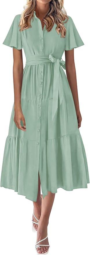 KIRUNDO Summer Button Down Wedding Guest Shirt Dresses for Women Maxi Flutter Short Sleeve Flowy ... | Amazon (US)