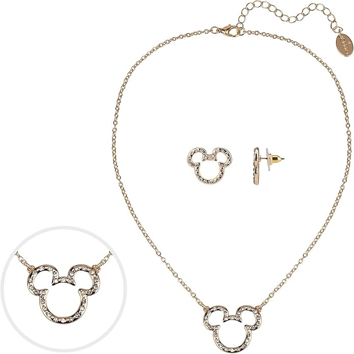 Mickey Mouse Pendant Necklace and Earring Set, Jewelry Gift Box, Gold Tone Enamel with Pave Stone... | Amazon (US)