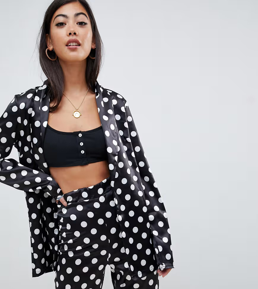Boohoo Petite satin blazer in polka dot-Multi | ASOS (Global)