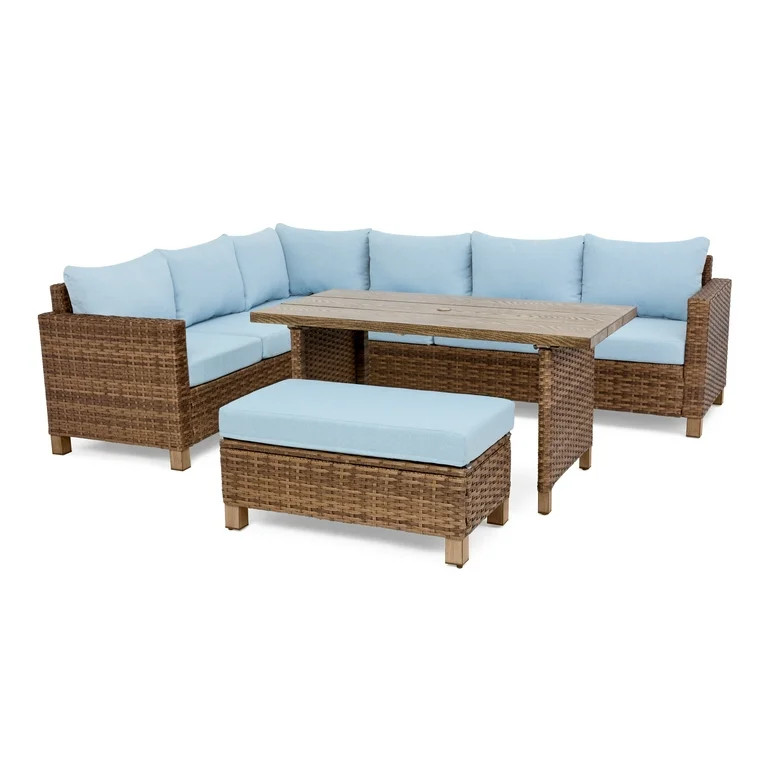 Better Homes & Gardens Brookbury 4-Piece Outdoor Wicker Patio Sectional Dining Set, Blue Cushions | Walmart (US)
