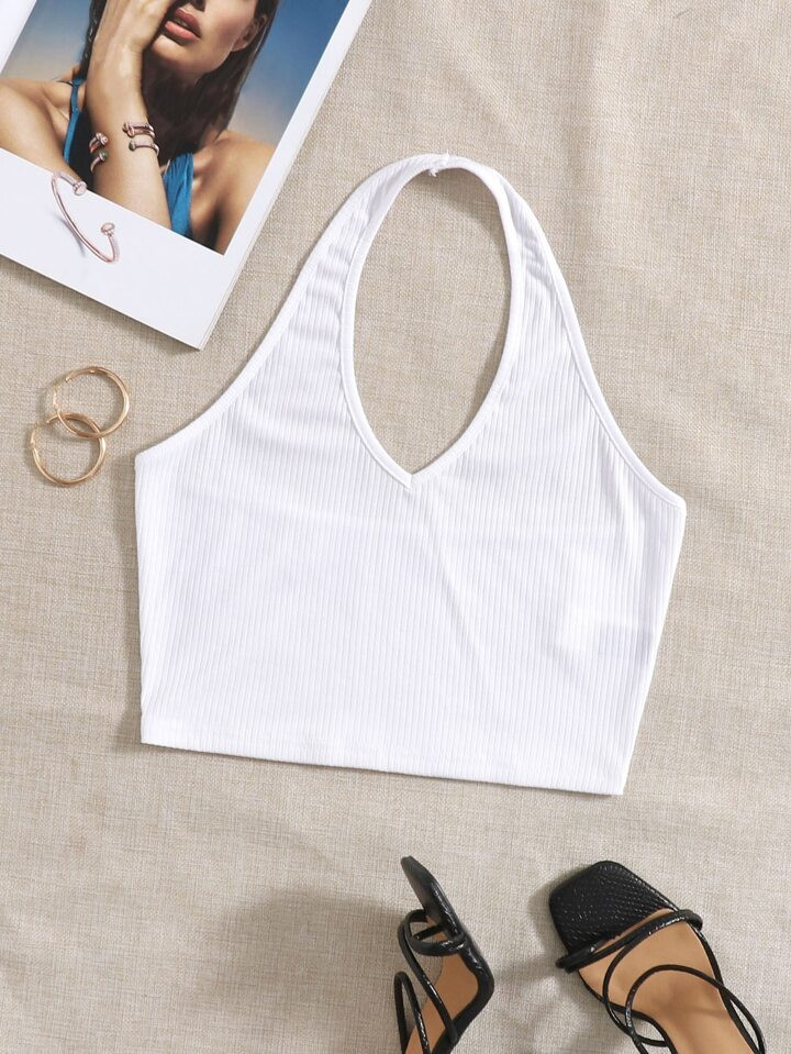 SHEIN EZwear Rib-Knit Crop Halter Top | SHEIN