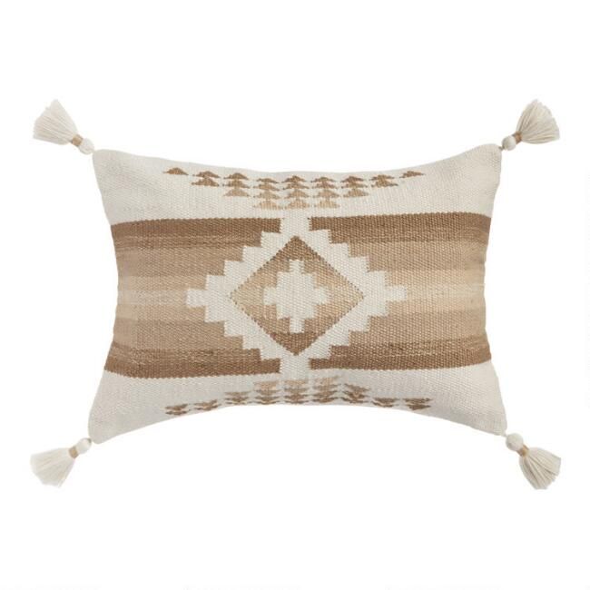 Natural and White Woven Nova Indoor Outdoor Lumbar Pillow | World Market