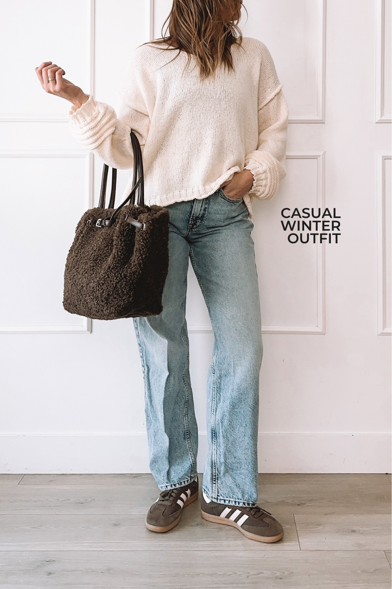 Cozy winter outfit ☁️✨ Neutral sweater, relaxed denim + the comfiest sneakers. Easy, everyday mom style you can actually live in. Linking everything! 🤎🧺🫶🏻

#LTKmomlife #LTKgrwm #LTKootd